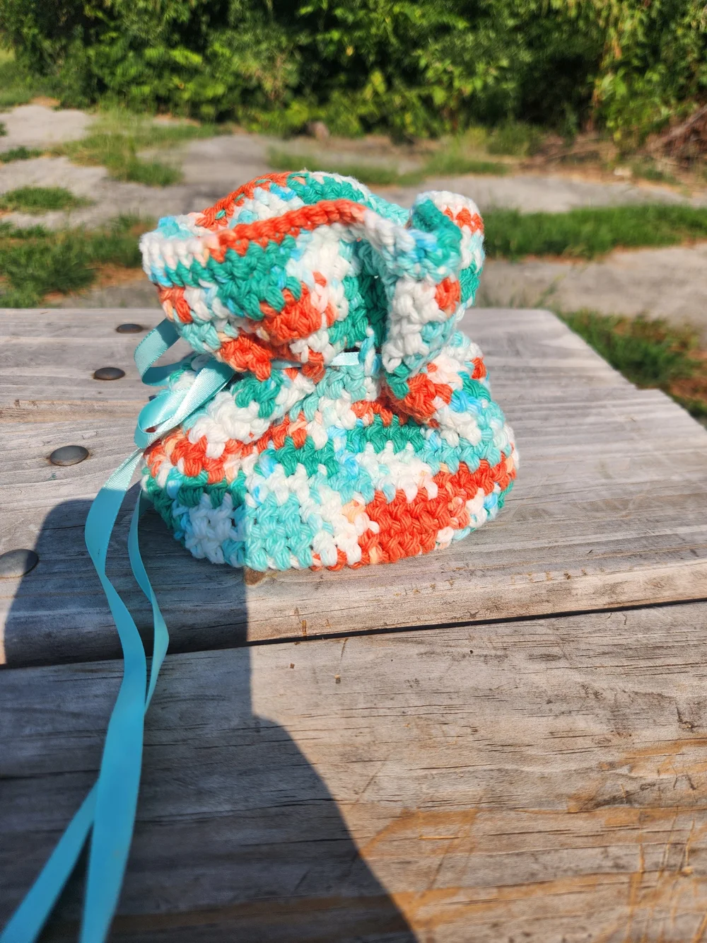Handmade Crochet Pouch in Teal, Orange & White with Ribbon